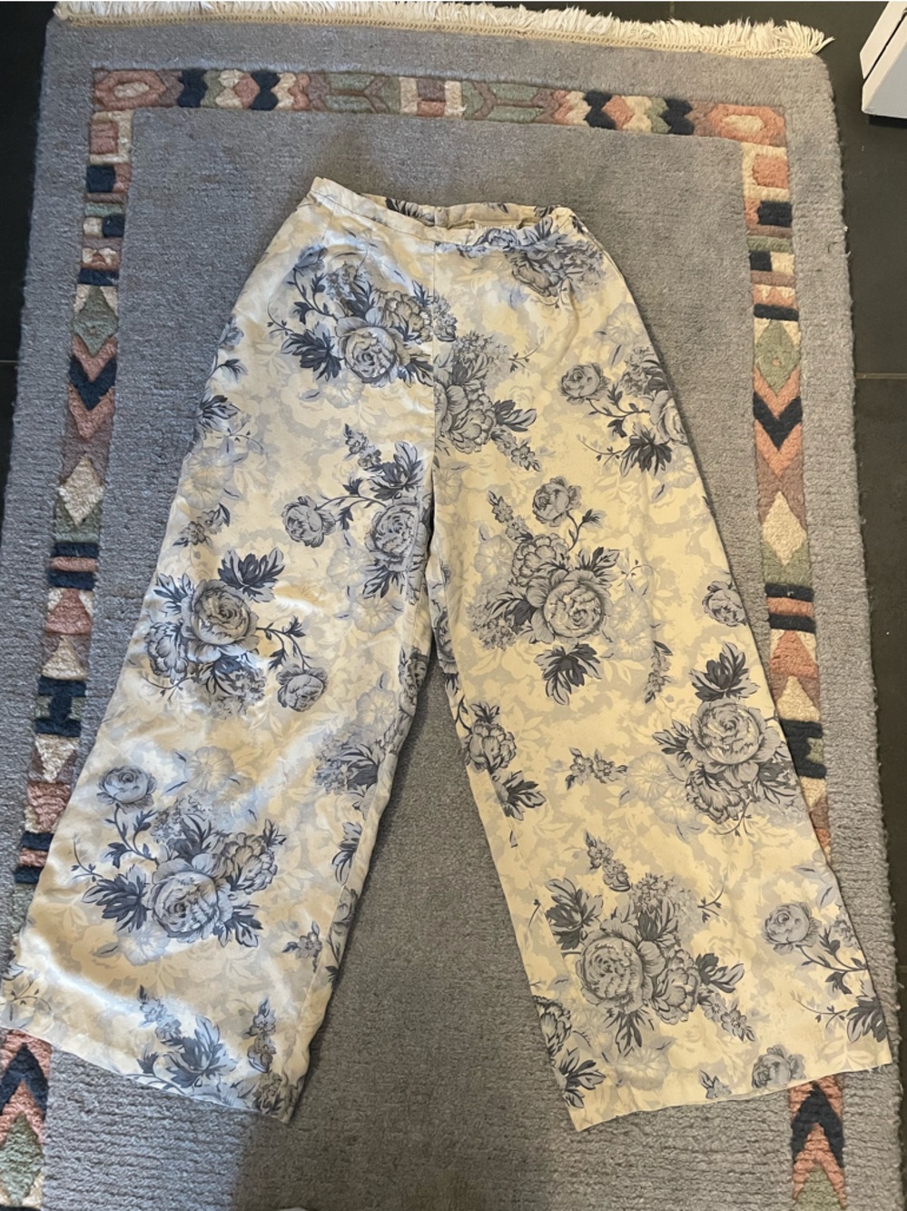Vintage Floral Flowly Cut Pants in Cream and Blue